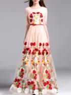 Romwe Pink Gauze Embroidered Belted Lace Maxi Dress