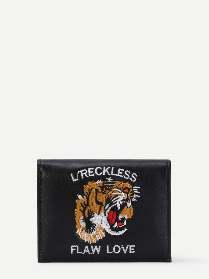 Romwe Tiger & Letter Embroidery Pu Purse