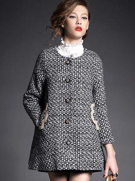 Romwe Black Round Neck Long Sleeve Pockets Coat