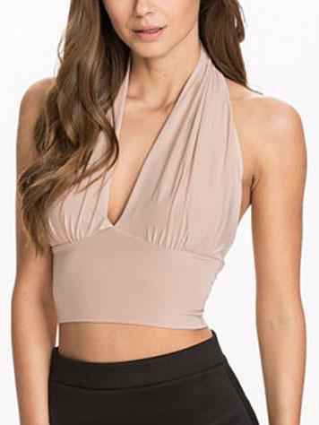 Romwe Halter Neck Banded Hem Crop Top - Apricot