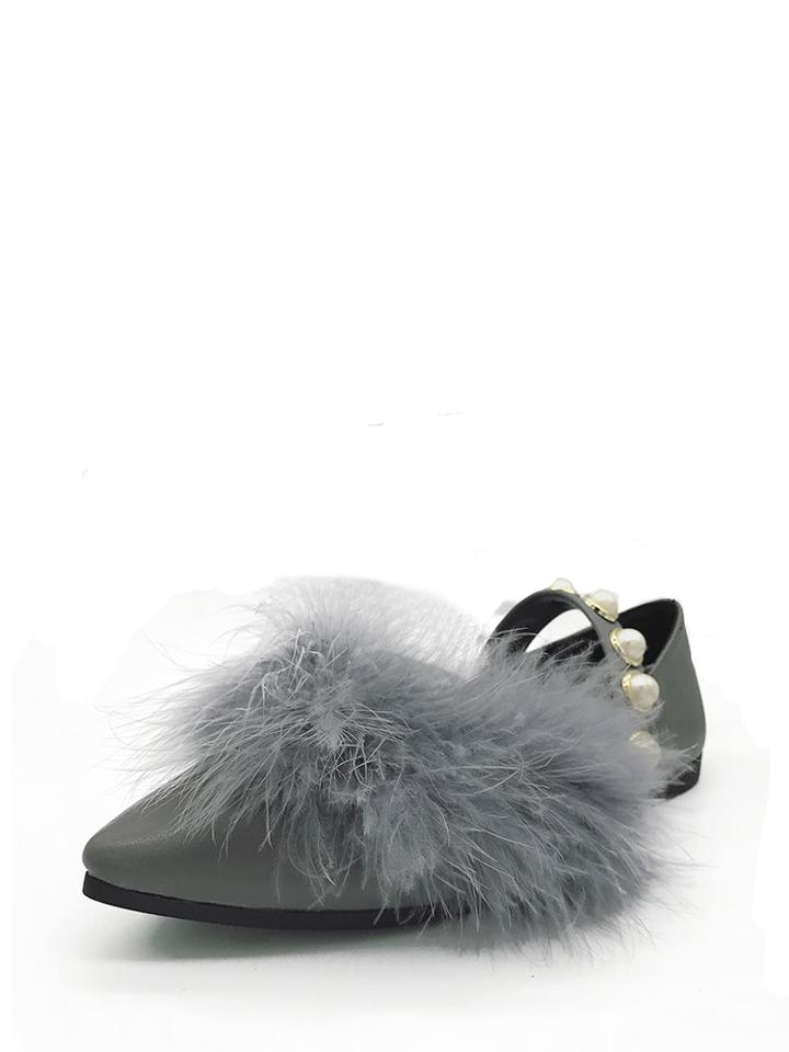 Romwe Faux Pearl Strap Pu Flats With Faux Fur