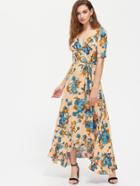 Romwe Puff Sleeve Ruffle Hem Surplice Wrap Floral Dress