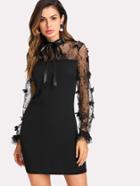Romwe Ribbon Tie Neck Embroidered Mesh Sleeve Dress