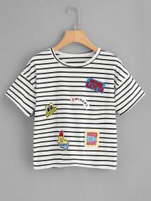 Romwe Horizon Striped Embroidered Patches Tee