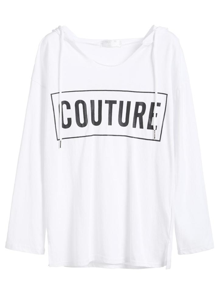 Romwe White Letter Print Drawstring Hooded T-shirt