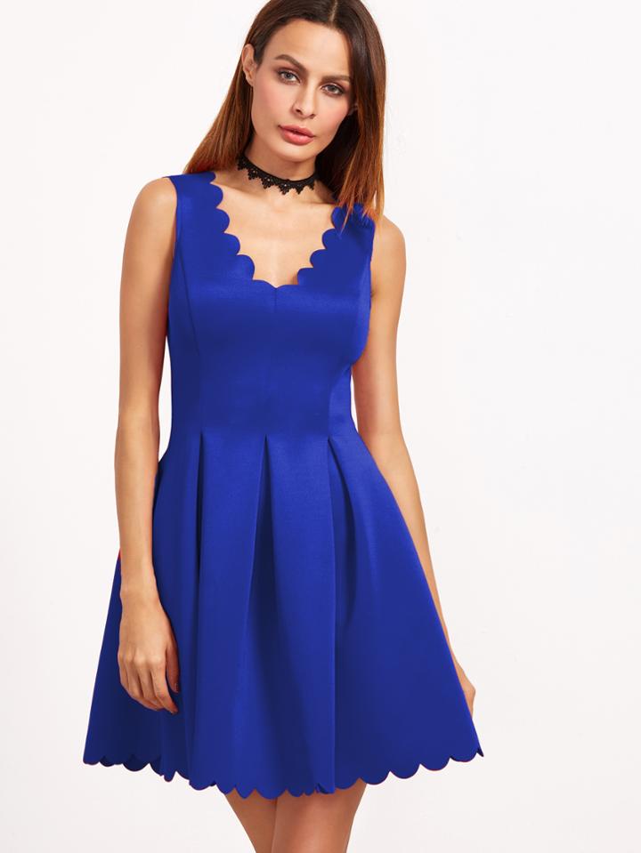 Romwe Scallop Edge Double V Neck Box Pleated Skater Dress