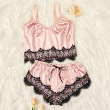 Romwe Scalloped Trim Contrast Lace Satin Cami Pj Set