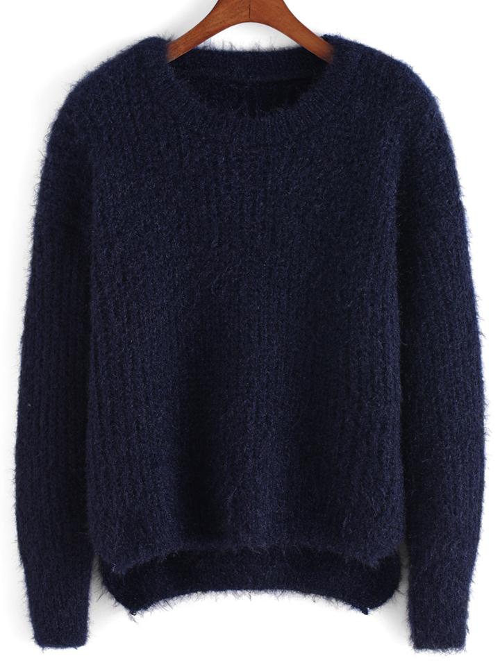 Romwe Dip Hem Fuzzy Blue Sweater