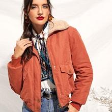 Romwe Button & Pocket Front Faux Fur Contrast Jacket