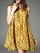 Romwe Yellow Collar Birds A-line Dress