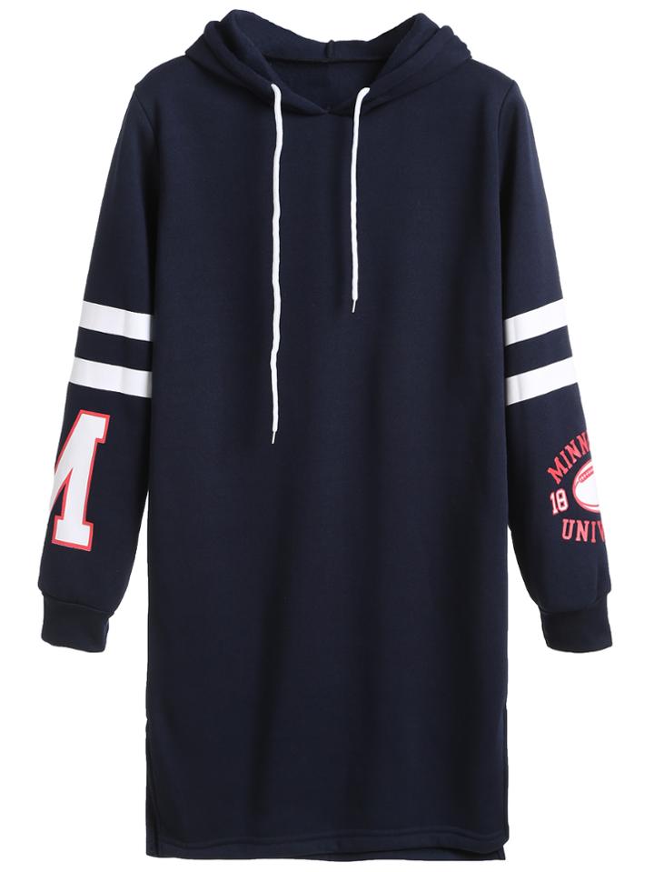 Romwe Navy Printed Varsity Striped Drawstring Hooded Sweatshirt Dress
