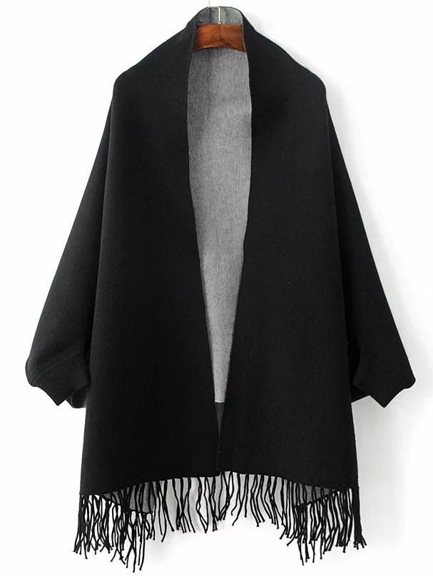 Romwe Black Batwing Sleeve Fringe Hem Poncho Sweater