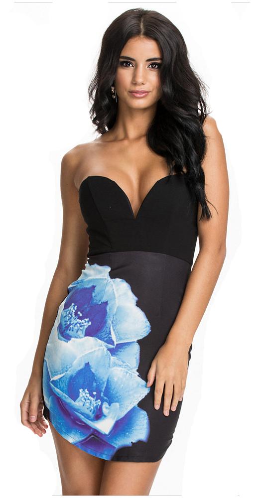 Romwe Strapless Floral Print Bodycon Dress
