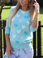Romwe Sky Blue Crew Neck Heart Shaped Print Sweater