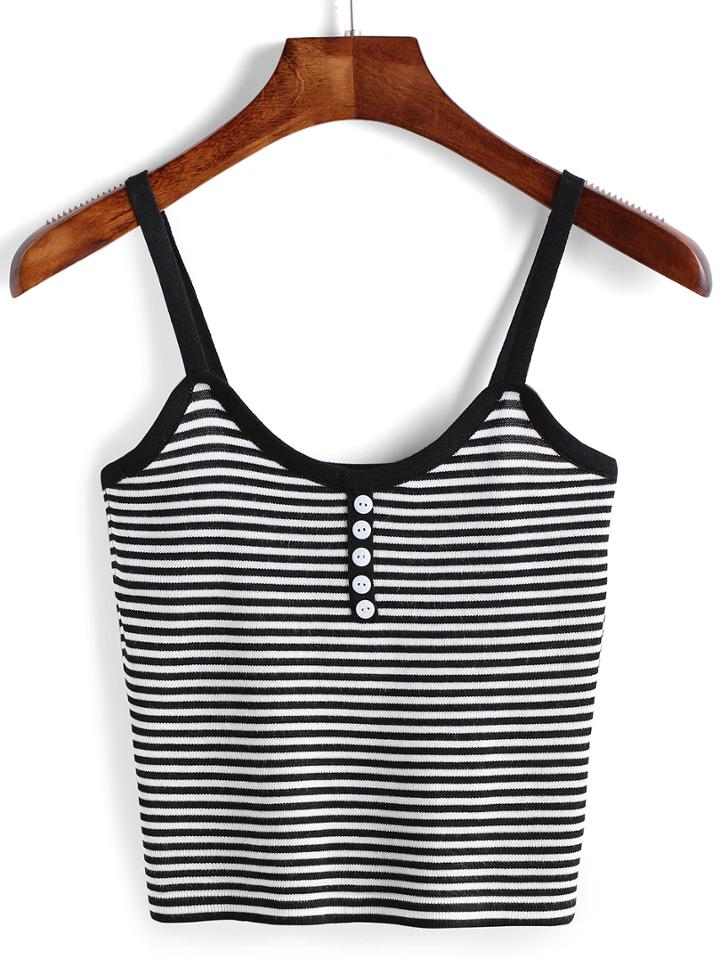 Romwe Spaghetti Strap Striped Cami Top With Buttons