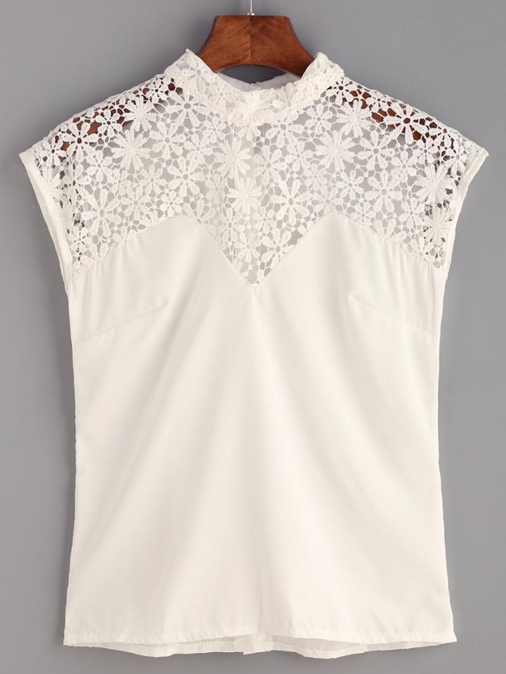 Romwe White Crochet Trim Button Back High Neck Top