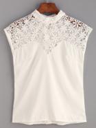 Romwe White Crochet Trim Button Back High Neck Top
