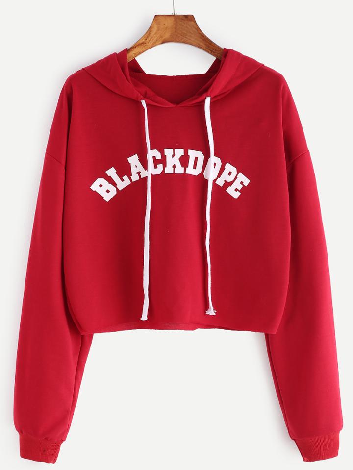 Romwe Letter Print Dropped Shoulder Seam Hooded Sweatshirt