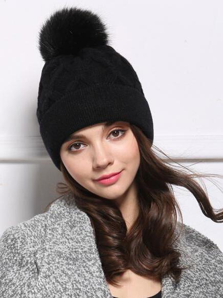 Romwe Cable Knit Pom Black Hat