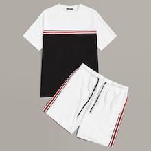 Romwe Guys Striped Tape Colorblock Tee & Shorts Set