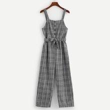 Romwe Button Front Belted Plaid Jumpsuit