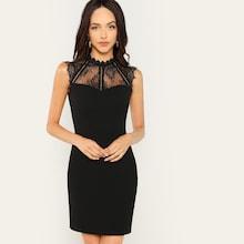 Romwe Sheer Eyelash Lace Yoke Bodycon Dress