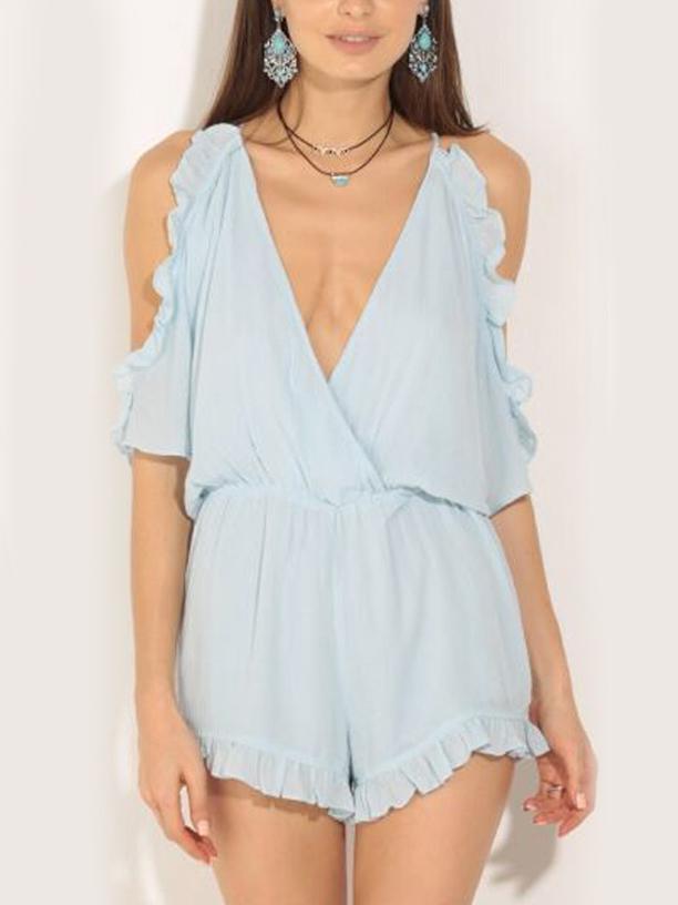 Romwe Blue Ruffle Cold Shoulder Surplice Split Back Romper