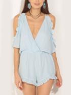 Romwe Blue Ruffle Cold Shoulder Surplice Split Back Romper