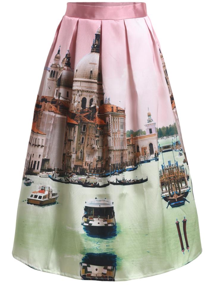 Romwe Venice Print Flare Skirt