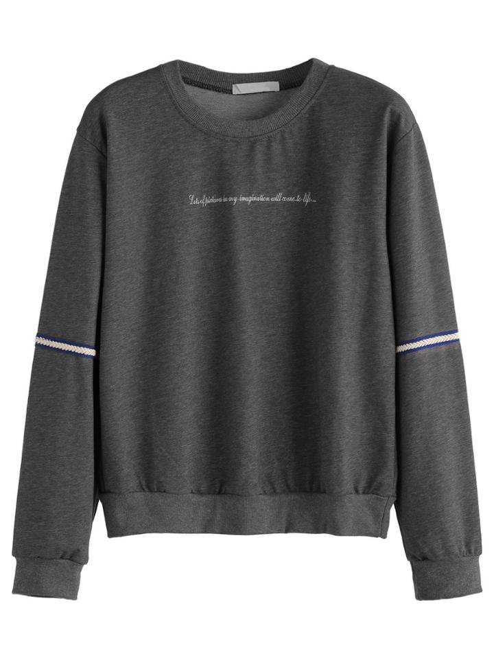 Romwe Grey Letter Print Sweatshirt With Sleeve Tape Detail