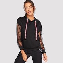 Romwe Letter Tape Drawstring Sheer Lace Sleeve Hoodie