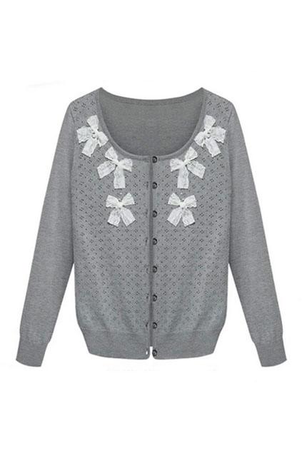 Romwe Hollow Bowknot Embellished Grey Cardigan