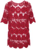 Romwe Red Round Neck Hollow Floral Crochet Dress