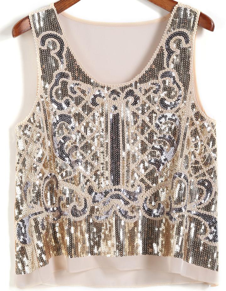 Romwe With Sequined Chiffon Champagne Tank Top