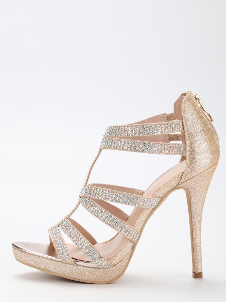 Romwe Gold Glitter Caged Platform Sandals