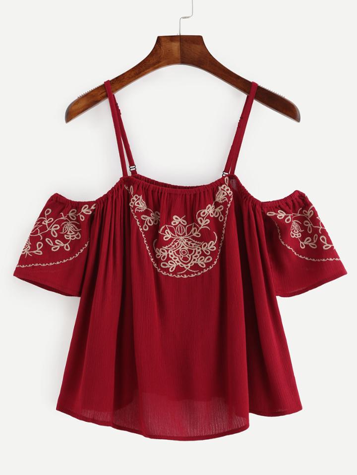Romwe Burgundy Cold Shoulder Embroidered Top