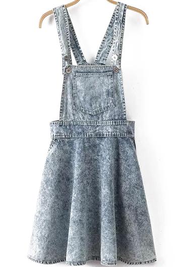 Romwe Straps With Pocket Denim Flare Dress