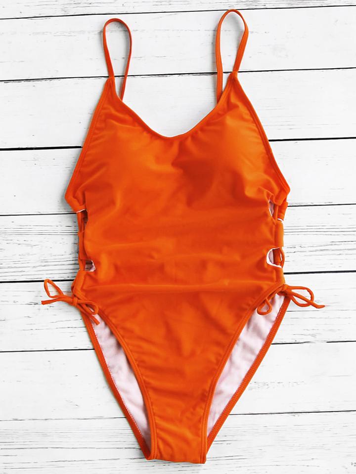 Romwe Lace Up Side Open Back Swimsuit