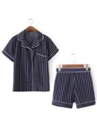 Romwe Navy Lapel Striped Buttons Top With Shorts