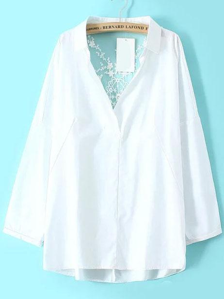 Romwe V Neck Lace Insert Dip Hem Blouse
