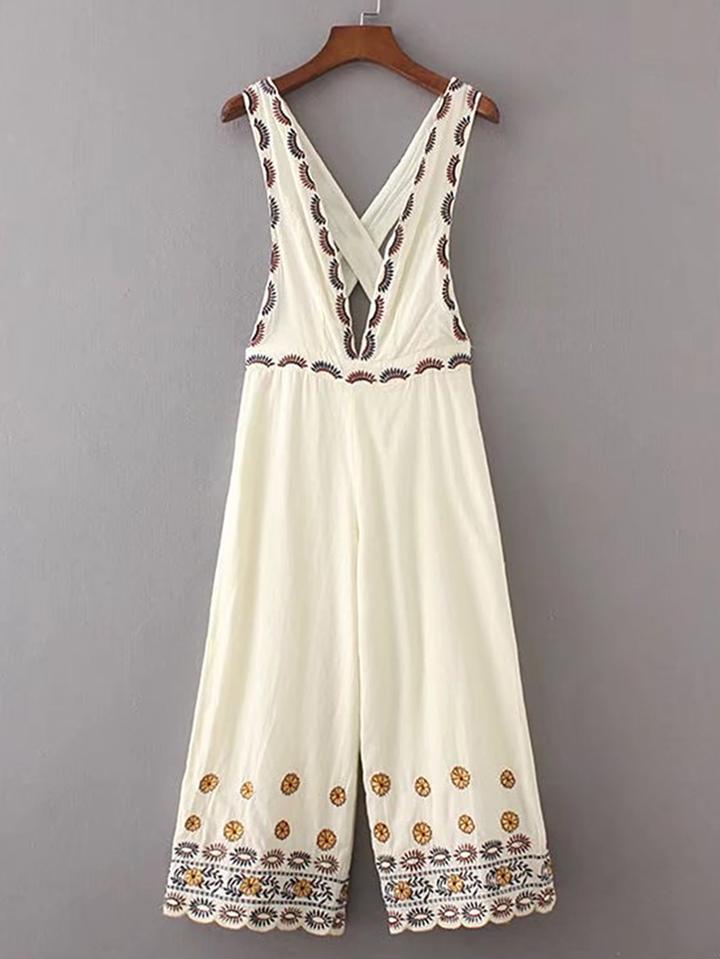 Romwe Criss Cross Back Embroidery Jumpsuit