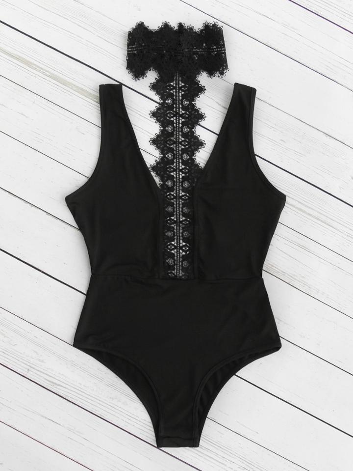 Romwe Lace Choker Neck Swimsuit