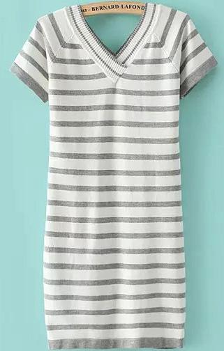 Romwe V Neck Striped Grey Dress