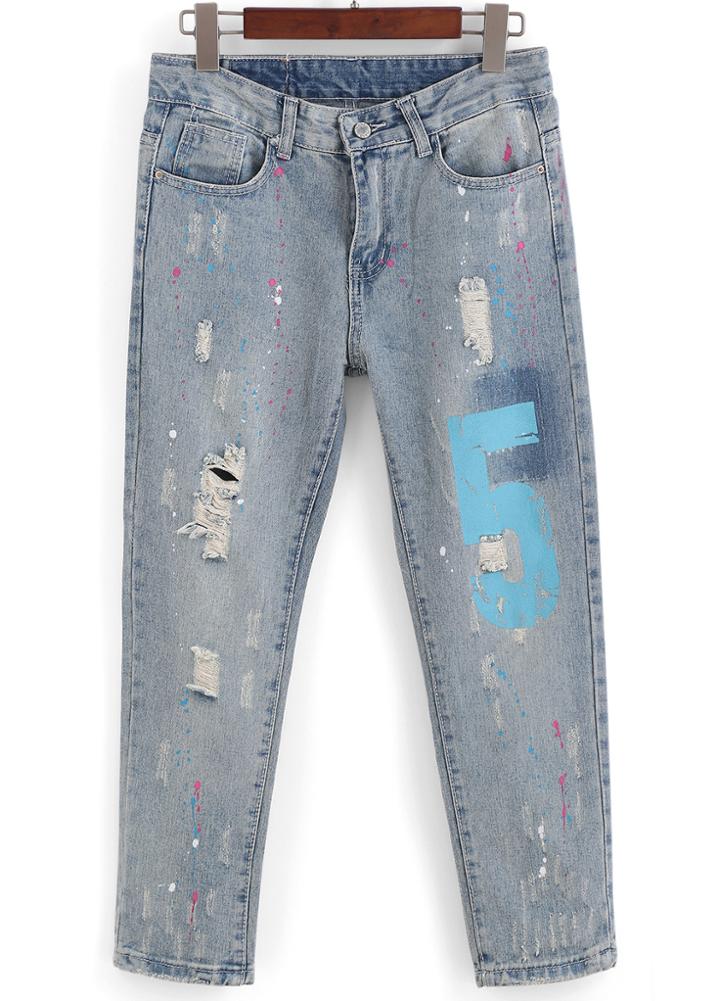 Romwe Ripped Graffiti Print Denim Pant