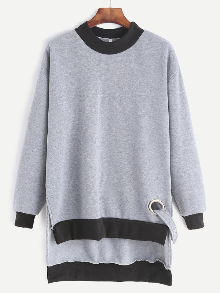 Romwe Grey Contrast Trim High Low Sweatshirt With Metal Eyelet