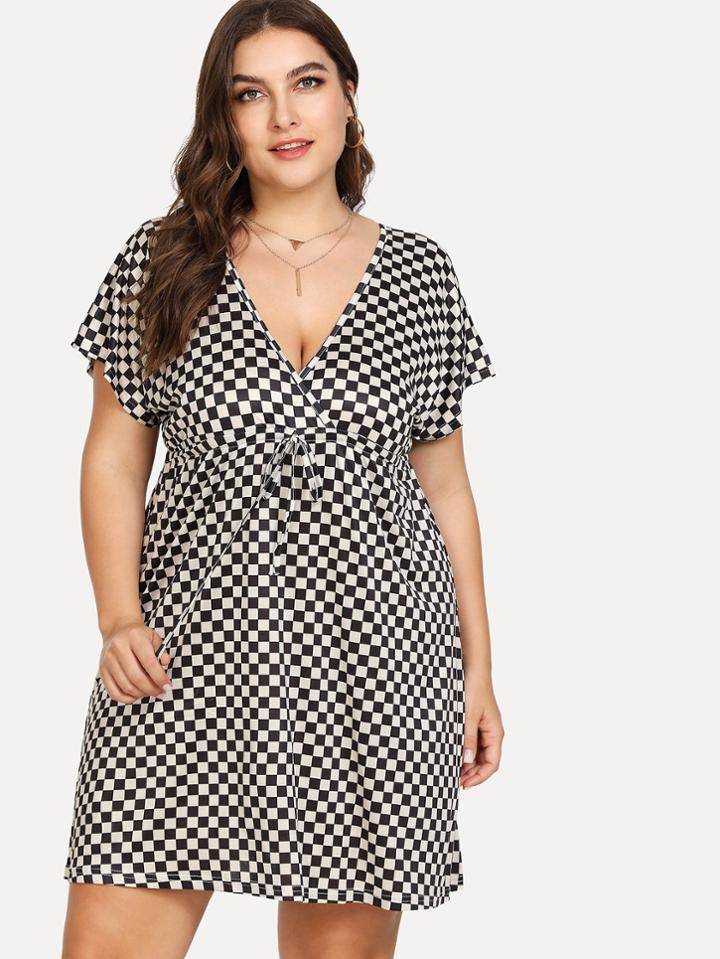 Romwe Deep V Neck Drawstring Waist Plaid Dress