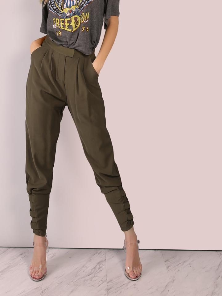 Romwe Tailored Cigarette Buckle Pants Olive