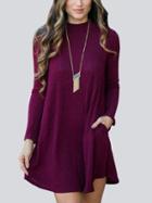 Romwe Mock Neck Ribbed Trapeze Burgundy Tshirt Dress