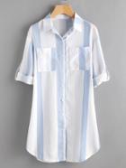 Romwe Contrast Striped Roll Tab Sleeve Shirt Dress