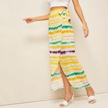 Romwe Tie Dye Striped Self Tie Wrap Skirt